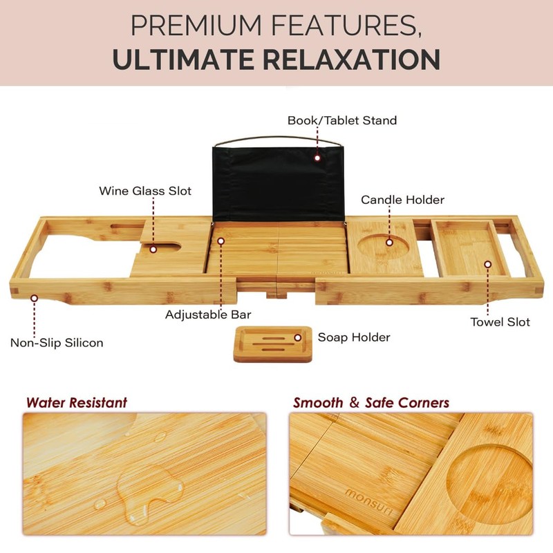 Foldable Bamboo Bathtub Tray Caddy - Expandable Bath Tray for