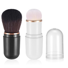 Yuanchu Retractable Kabuki Makeup Brushes, 2 Pcs Travel Makeup Brushes Blush Brushes Cute Powder Brush Foundation Brush for Liquid Foundation Pressed Powder Contouring Cream(Black+White)