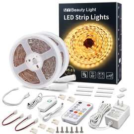MY BEAUTY LIGHT LED Strip Lights Warm White,65.6ft Dimmable LED Light Strip with RF Remote,1200 Bright 3000K 2835 LEDs,Plug-in Adhesive Rope Lights with Timing Mode for Living Room Bedroom Kitchen