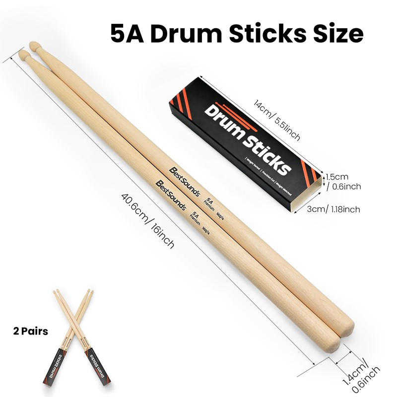 2 Pairs Drum Sticks 5A, Professional Classic Maple Wood Drumsticks,