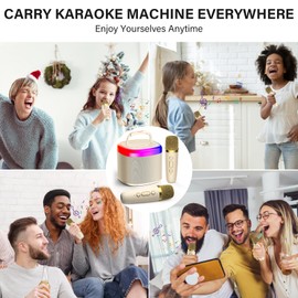 JYX Mini Karaoke Machine for Kids, Portable Bluetooth Karaoke Speaker Unpowered Cabinets with 2 Wireless Microphones and Party Lights for Adults, Birthday Gifts for Girls Boys Family Home Party(Beige)