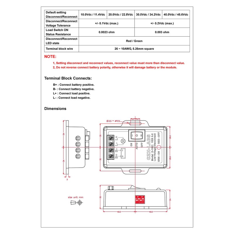 CZH-LABS LVD Low Voltage Disconnect Module. (36V / 30Amp, Black,