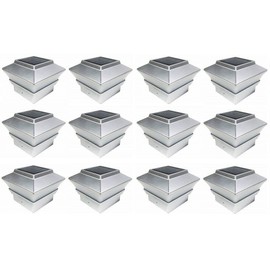 RELIGHTABLE (12 Pack) 4" x 4" Solar Power Square Outdoor Post Cap Lights for PVC Vinyl (Silver)