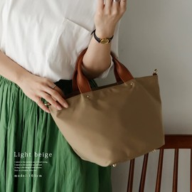 Gratante abb-g0015 Genuine Leather Handle, 2-Way Nylon, Mini Tote Bag, Women's Bag, light beige