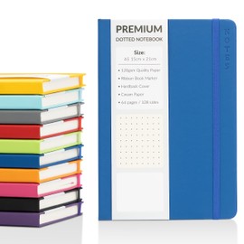 Bullet Journal A5 Dotted Notebook with Faux Leather Hardback Cover and Premium 120gsm Thick Dot Grid Paper (128 Cream Pages, Navy)