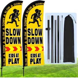 Buryeah 2 Sets Slow Down Kids at Play Feather Flag with Pole Kit and Ground Stake 7ft Double-sided Safety Banner Sign Kids at Banner Flag for Streets, Yards and Driveways Outdoors