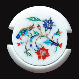 ArtEra Handcrafted Marble Coaster Set with semi-Precious Stone Inlay Work (6 Coasters and Holder, 4 inch)