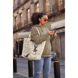 RetroZ Canvas Tote Bag-Premium Cotton bag with Zipper,InnerPocket,Long Handles-Stylish Tote for College,Shopping,Travel,Beach - Musical Cat Offwhite