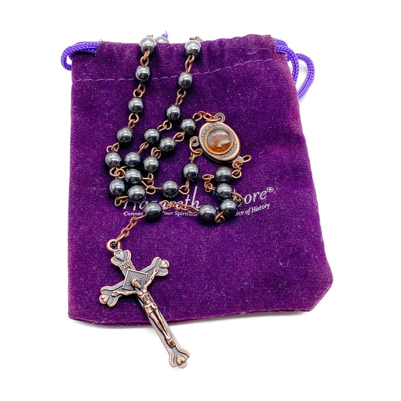 Nazareth Store Hematite Rosary Black Stone Beads Necklace with Jerusalem