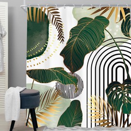 Cinbloo Green Boho 72Wx84H Shower Curtain Extra Long Mid Century Abstract Modern Minimalist Tropical Monstera Emerald Gold Palm Leaf Plant Bathroom Curtain Set Simple Bath Bathroom Accessories Decor