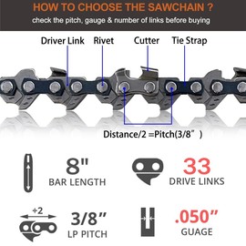 3 Pack 8 inch Chainsaw Chain for 8 Inch (20cm) Bar 33 Drive Links, 3/8inch Pitch, 0.050inch Gauge, Fits DOLMAR, Echo, Gardenline, Titan, Black & Decker and Other C10hainsaws