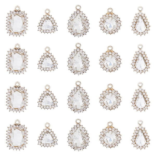 SUPERFINDINGS 20PCS 5 Style Alloy Rhinestone Pendants Light Gold Tone