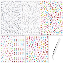 VVPESCA Face Eye Gems, Self-Adhesive Hair Jewels, Sparkly Crystal Stickers for Makeup, Stick on Gems Rhinestones Stickers for Festival Essentials, Cute Star Heart Gems for Rave Accessories (Colorful)