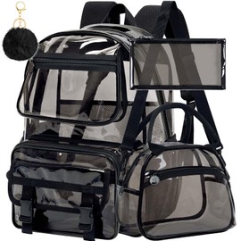 KLFVB Clear Backpack Heavy Duty, 3PCS See Through School Bag Set for Work & Travel, Transparent Bookbag for Girls & Boys - Semi-Black