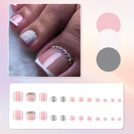 Viugex 24Pcs French Press on Toenails, Short Square Nude Pink False Toenails, Glossy Reusable Artificial Fake Toe Nails with Glitter Rhinestones, Acrylic Full Cover Stick on Toe Nails for Women Girls