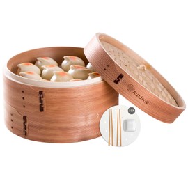 AutJrny 7-Inch Bamboo Wood Steamer Basket, 2-Tier Handmade Pot for Asian Cooking | 50 Liners, Sauce Dish & 2-Chopsticks | Steam Buns Dumplings Rice Vegetables Dim Sum