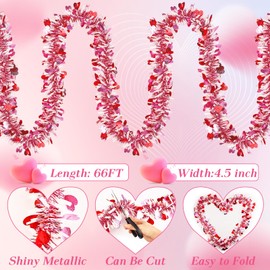 66FT Valentine's Day Heart Tinsel Garland Pink Red Metallic Twist Garland Shining Ceiling Hanging Decorations for Valentine's Day Tree Party Anniversary Wedding Birthday Holiday Indoor Supplies