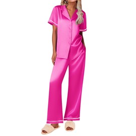 Ekouaer Women's Silk Pajamas Set Short Sleeve Satin Pjs 2 Piece Soft Loungewear with Pants Button Down Sleepwear,Rose Red,S