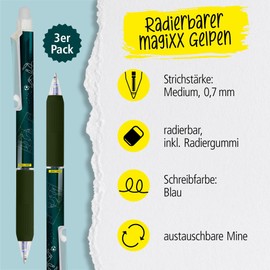 Online magiXX, 3 x Football Erasable Gel Pens, Blue Erasable with 0.7 mm Line Width, Rollerball Pen for Learning to Write, Office, Erasable Pen Set, Erasable Ballpoint Pen for Students