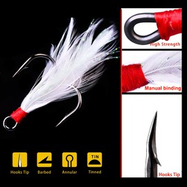 FANGBLUE 20Pcs Treble Fishing Hooks with Feather Size 10# Stainless Steel Barbed Sharp Triple Fishhook with Box for Saltwater Freshwater