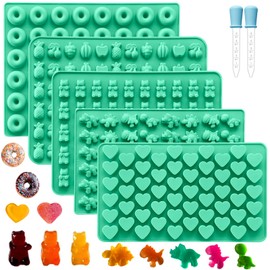 Silicone Gummy Molds Set of 5, Candy Molds Silicone with 2 Droppers for Convenient Filling, Gummy Molds Set Includes Dinosaur, Bear, Donut (5 Molds)