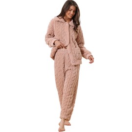 cheibear Womens Fluffy Fleece Pajama Set Soft Warm Pockets Button Down Long Sleeve Sleepwear Pink L
