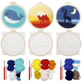 Allazone 3 Set Punch Needle Embroidery Kits, Punch Needle Kits for Adults Beginner, Punch Needle Tool with Punch Needle Cloth, Yarns and Sewing Needles (Camel, Whales)