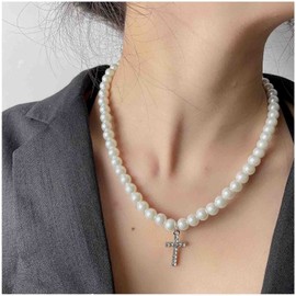 Yienate Pearl Bead Choker Necklace Silver Crystal Cross Pendant Necklace Vintage Pearls Strand Necklace Tiny Rhinestone Cross Pendant 1920S Pearls Necklace Charm Jewelry for Women and Girls