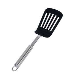 Restaurantware-German Standard 12.4 Inch Kitchen Spatula, 1 Heat-Tolerant Fish Turner - Slotted Blade, Dishwashable, Black Nylon Spatula With Stainless Steel Handle, For Flipping Eggs, Fish Fillet