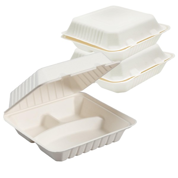 Perfectware 100% Compostable 3 Comp Take Out Food Containers 9x9". 25 Containers, Natural Disposable Bagasse, Eco-Friendly Biodegradable Made of Sugar Cane, Green (PW3comptbagasse-25ct)