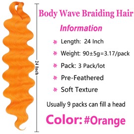 COOKOO 3 Packs Orange Body Wave Braiding Hair 24 Inch Pre-Feathered Bouncy Wavy Braiding Braids French Curl Wave Ocean Deap Twist Crochet Braids Synthetic Hair Extensions(Orange#)