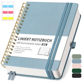 RETTACY Notebook B5 Lined, Bullet Journal with 100 g/m² Thick Paper, 150 Sheets/300 Numbered Pages, College Pad for Office and School, Leather Cover, Grey/Blue, 17.6 cm x 25 cm