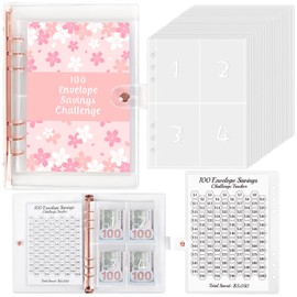 SKYDUE 100 Envelopes Challenge Binder with Laminated $5050 Tracker Sheet & Pre-numbered Pockets (Pink)