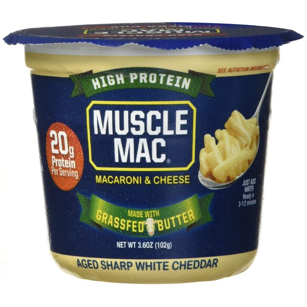 Muscle Mac Macaroni & Cheese Microwave Cup, Aged Sharp White Cheddar, 3.6 Ounce (Pack of 12)