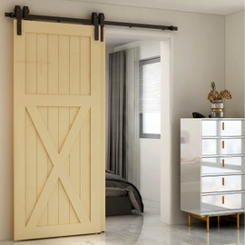 LQKUMJG 6.6FT Bypass Sliding Barn Door Hardware Kit Heavy Duty Single Track for Double Doors, Fit 1 3/8-1 3/4" Thickness Door Panel Black (J-Shaped Hanger)