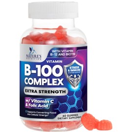 Nature's Nutrition Super B Complex Gummy with Vitamin C & Folic Acid, Extra Strength Vitamin B Gummies Supplement with Niacin, B6, Folic Acid, B12, Biotin, Nature's Energy Immune Support Supplements - 60 Gummies