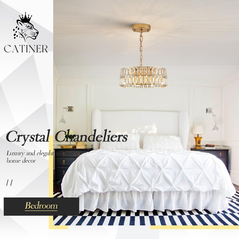 CATINER Small Gold Crystal Chandeliers, Modern Semi Flush Mount Chandelier