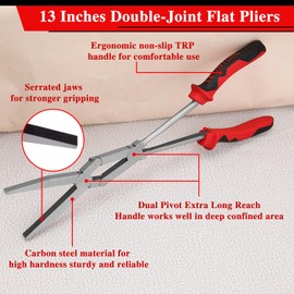 LEONTOOL 13" Long Reach Flat Nose Pliers Serrated Jaw Dual Pivot Pliers Extra Long Reach Compound Action Pliers with TPR Handle Double-Joint Flat Pliers for Hard to Reach Narrow Spaces