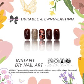 Square Press on Nails Medium MABKJLF Autumn Fake Nails Wine Red False Nails with Designs Maple Leaves Gold Glitter Elegant Glossy Glue on Nail Fall Full Cover Stick on Nail for Women Girls 24Pcs