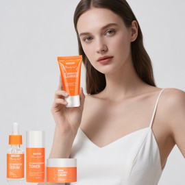 HochoLii 4-teiliges Vitamin-C-Gesichtspflegeset – Geschenkset in Reisegröße, Hauterneuernd, Nährend, Aufhellend, für einen strahlenden Teint mit Reinigungsgel, Toner, Serum und Creme
