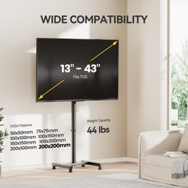 AM alphamount TV Floor Stand for 13-43 inch Flat/Curved TVs up to 44 lbs, 8 Level Height Adjustable Monitor Floor TV Stand with VESA 200x200, Portable TV Mount Stand for Living Room, Bedroom, Office