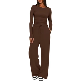 Darong Women's 2 Piece Outfits Lounge Sets Ruched Long Sleeve Tops and Wide Leg Pants Tracksuit Sets 9065B Coffee M