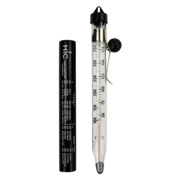 HIC Kitchen Roasting Candy Jelly Deep Fry Thermometer, Glass Tube, Heat-Resistant, Easy-Read, Protective Sheath, Fahrenheit & Celsius, 100-390°F, Clip-on, Compact