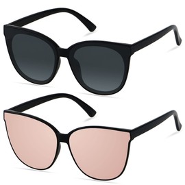 LYZOIT Oversized Cat Eye Sunglasses for Women Big Large Cateye Frame Shades 2 Pack Fashion Vintage Sun glasses, (2pack) Black + Mirrored Rose Gold, L