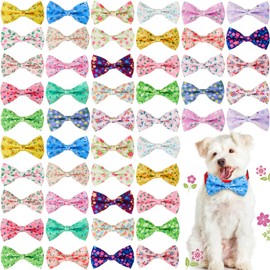 Hillban 50 Pieces Floral Collar Dog Bow Ties Flower Dog Collar Accessories Bow Ties Attachment with Elastic Bands Detachable Charms for Pets Accessories Spring Costume