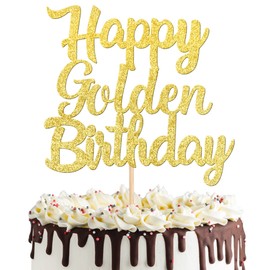 ZHUOWEISM 1 PCS Happy Golden Birthday Cake Topper Gold Glitter Birthday Cake Pick for Celebrating Birthday Anniversary Theme Party Cake Decorations Supplies
