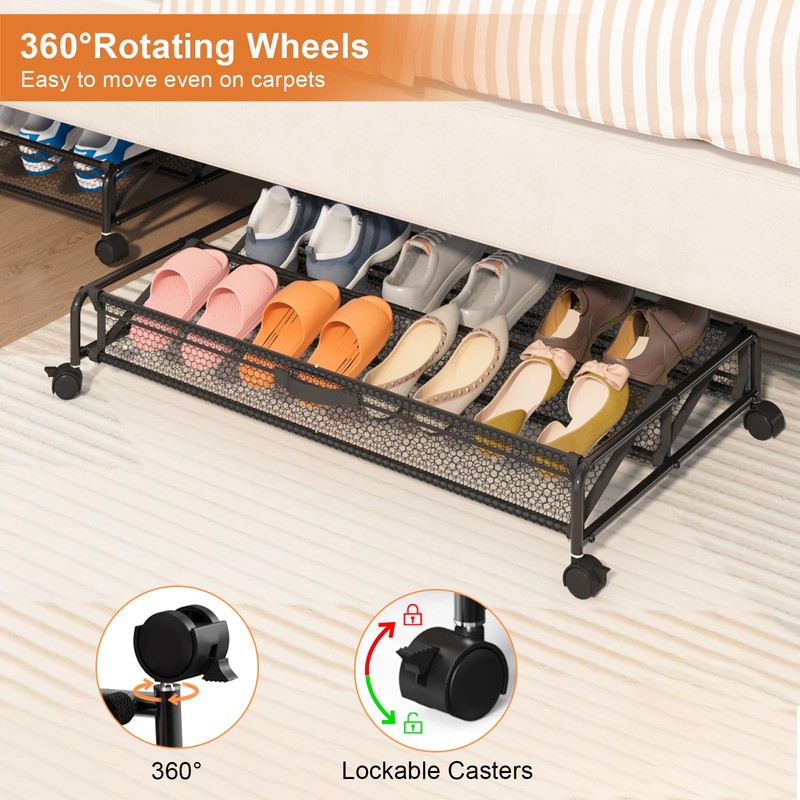 KOSIWU Under Bed Shoes Storage, 2 Pack Rolling Under-bed Storage