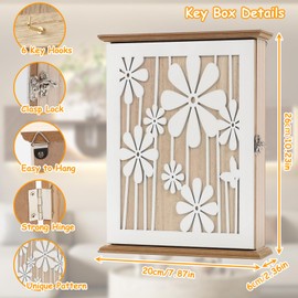 mumisuto Modern Wooden Key Box with 6 Key Hooks, Decorative Key Cabinet with White Flowers Pattern for Keys, Jewellery, Small Items, 26 x 20 x 6 cm