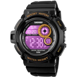 FANMIS Mens Military Multifunction Digital Watches 50M Water Resistant Electronic 7 Color LED Backlight Black Sports Watch (Gold)