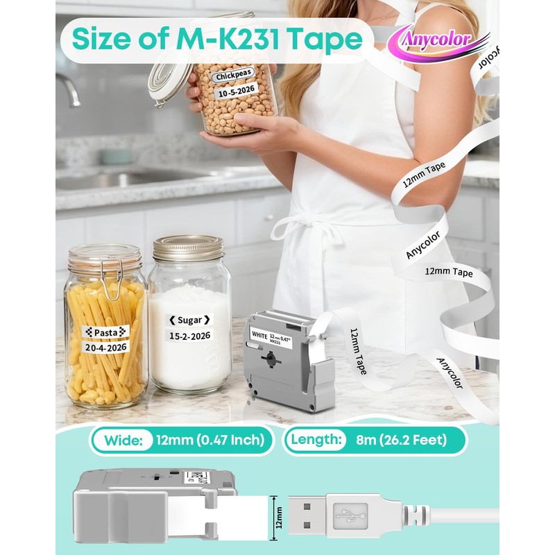 Anycolor M-K231 Label Tape 12mm 0.47'' White Compatible with Brother